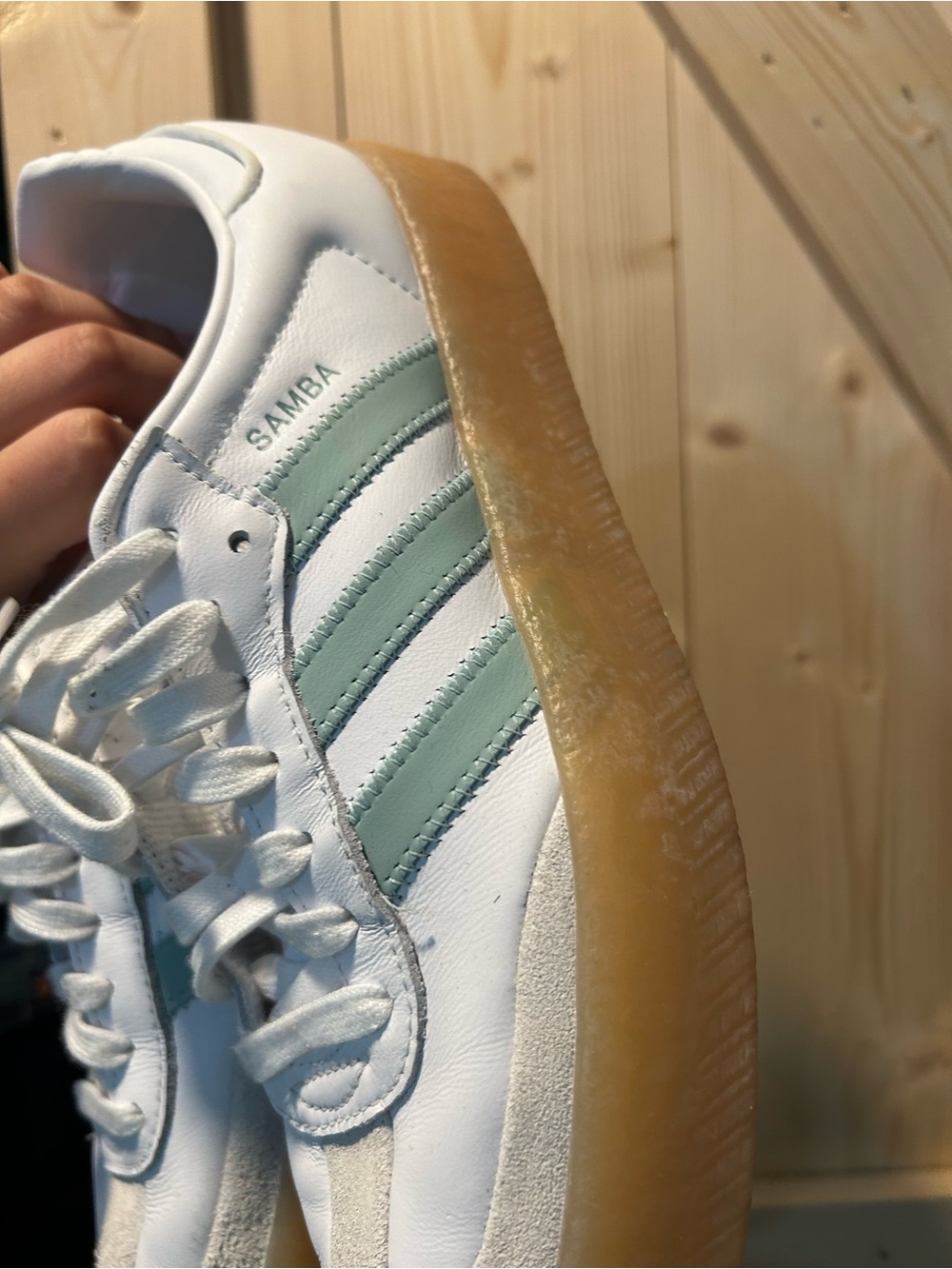 adidas samba Women’s White Sneakers with Light Green Stripes and Gum Platform - Picture 6 of 10